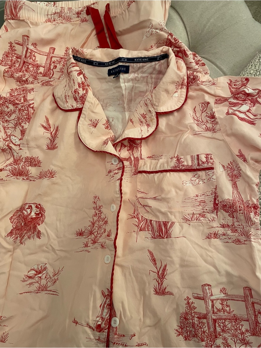Katie K Pink pajamas set with Red Toile Print and Piping(NWOT)